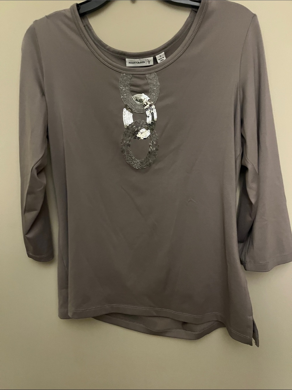 Susan Graver Taupe Sequin-Embellished Long Sleeve Top